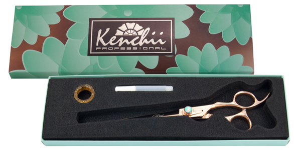Kenchii Rosé™ 7-inch straight shear in box with oiler and ring insert.