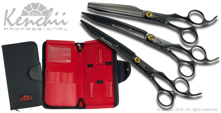 Kenchii Bumble Bee set. 8-inch straight, 8-inch curved, 7-inch 44-tooth, and 5-shear case.
