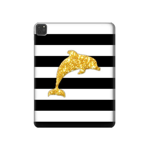 S2882 Black and White Striped Gold Dolphin Hard Case For iPad Pro 11 (2021,2020,2018, 3rd, 2nd, 1st)