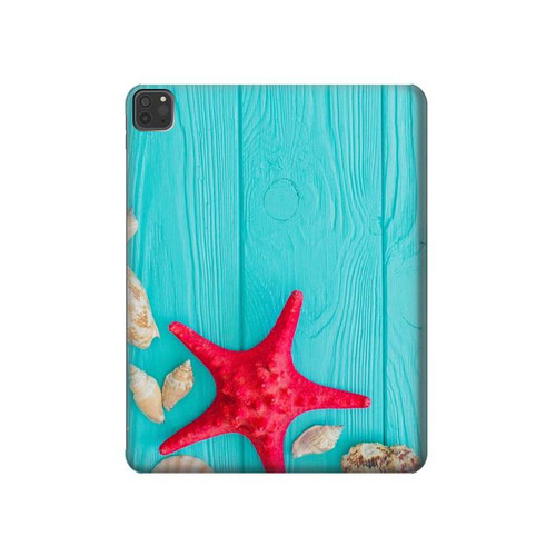 S3428 Aqua Wood Starfish Shell Hard Case For iPad Pro 11 (2021,2020,2018, 3rd, 2nd, 1st)