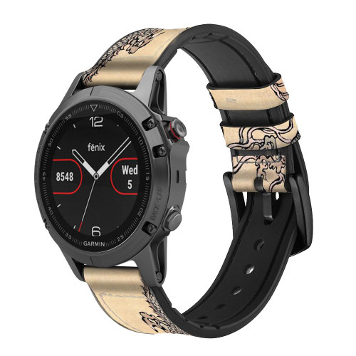 CA0038 Antique Dragon Leather & Silicone Smart Watch Band Strap For Garmin Smartwatch