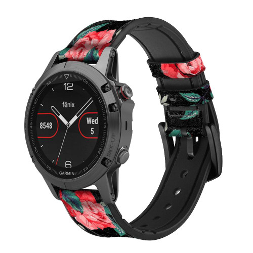 CA0580 Rose Floral Pattern Black Leather & Silicone Smart Watch Band Strap For Garmin Smartwatch