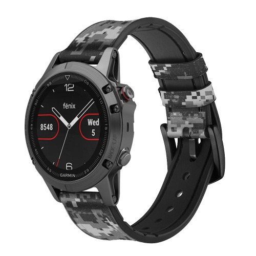 CA0653 Urban Black Camo Camouflage Leather & Silicone Smart Watch Band Strap For Garmin Smartwatch