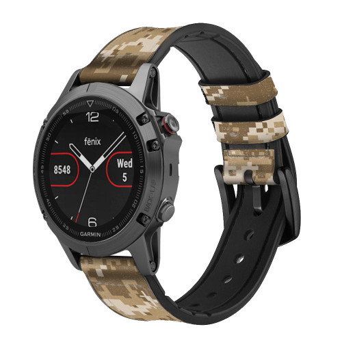 CA0654 Army Desert Tan Coyote Camo Camouflage Leather & Silicone Smart Watch Band Strap For Garmin Smartwatch