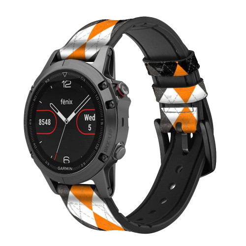 CA0722 Black Orange White Argyle Plaid Leather & Silicone Smart Watch Band Strap For Garmin Smartwatch