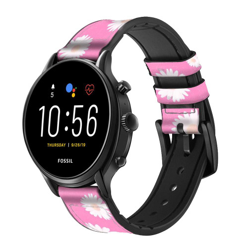 CA0792 Pink Floral Pattern Leather & Silicone Smart Watch Band Strap For Fossil Smartwatch
