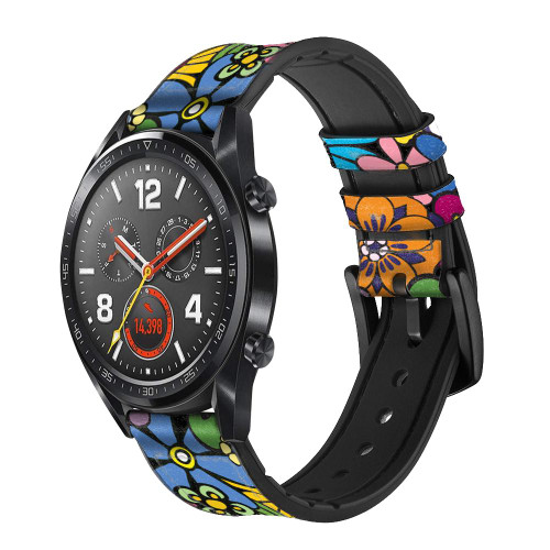 CA0649 Colorful Hippie Flowers Pattern Leather & Silicone Smart Watch Band Strap For Wristwatch Smartwatch