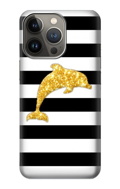 S2882 Black and White Striped Gold Dolphin Case For iPhone 14 Pro