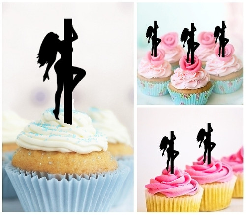 TA0134 Sexy Pole Dance Girl Silhouette Party Wedding Birthday Acrylic Cupcake Toppers Decor 10 pcs