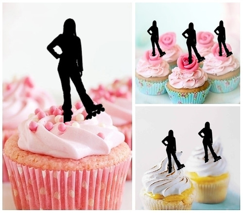 TA0163 Rollerskate Girl Silhouette Party Wedding Birthday Acrylic Cupcake Toppers Decor 10 pcs