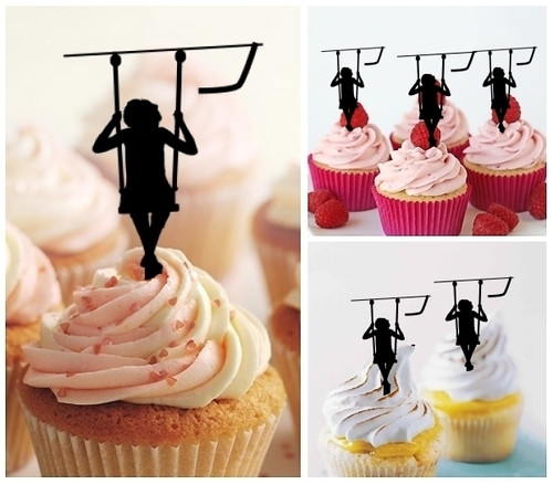 TA0180 Kid and a Swinging Chair Silhouette Party Wedding Birthday Acrylic Cupcake Toppers Decor 10 pcs