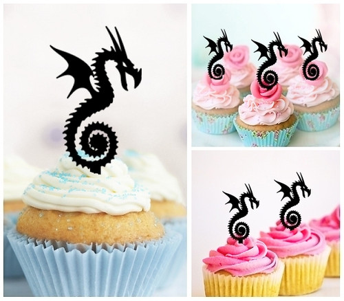 TA0194 Dragon Silhouette Party Wedding Birthday Acrylic Cupcake Toppers Decor 10 pcs