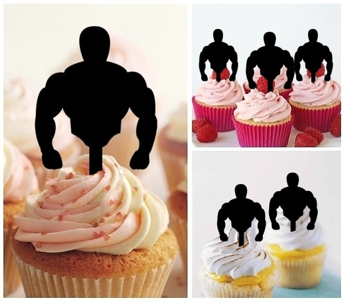 TA0210 Strong Muscle Bodybuilding Silhouette Party Wedding Birthday Acrylic Cupcake Toppers Decor 10 pcs