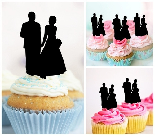 TA0264 Wedding Marriage Couple Silhouette Party Wedding Birthday Acrylic Cupcake Toppers Decor 10 pcs
