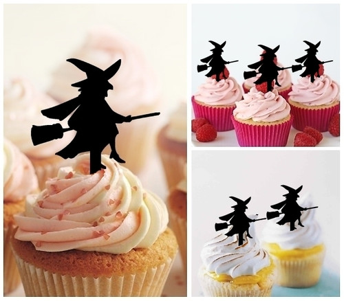 TA0440 Halloween Witch on Broomstick Silhouette Party Wedding Birthday Acrylic Cupcake Toppers Decor 10 pcs