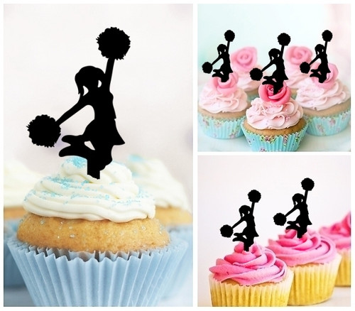 TA0454 Cheerleader Cheers Silhouette Party Wedding Birthday Acrylic Cupcake Toppers Decor 10 pcs