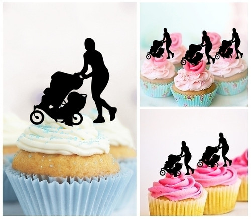 TA0484 Mom Baby Stroller Silhouette Party Wedding Birthday Acrylic Cupcake Toppers Decor 10 pcs