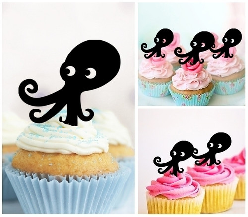 TA0504 Squid Silhouette Party Wedding Birthday Acrylic Cupcake Toppers Decor 10 pcs