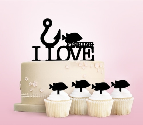 TC0073 I Love Fishing Party Wedding Birthday Acrylic Cake Topper Cupcake Toppers Decor Set 11 pcs