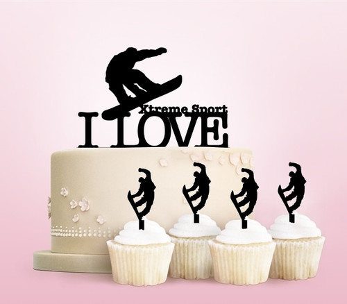 TC0206 I Love Xtreme Sport Snowboard Party Wedding Birthday Acrylic Cake Topper Cupcake Toppers Decor Set 11 pcs