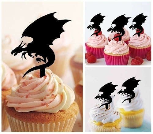 TA0692 Flying Dragon Silhouette Party Wedding Birthday Acrylic Cupcake Toppers Decor 10 pcs