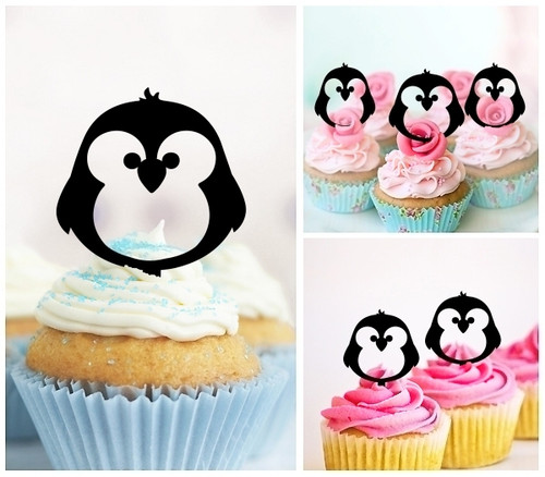 TA0745 Baby Penguin Bird Silhouette Party Wedding Birthday Acrylic Cupcake Toppers Decor 10 pcs