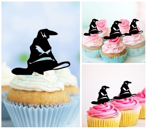 TA0868 Witch Hat Silhouette Party Wedding Birthday Acrylic Cupcake Toppers Decor 10 pcs