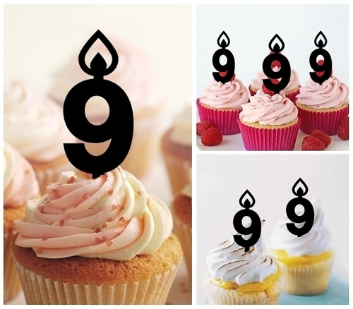 TA0910 Number Nine 9 Candle Silhouette Party Wedding Birthday Acrylic Cupcake Toppers Decor 10 pcs