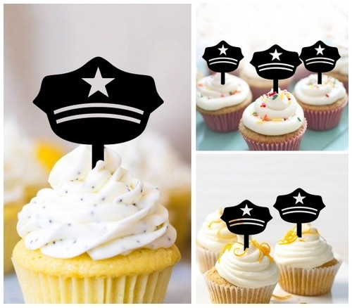 TA0926 Police Hat Silhouette Party Wedding Birthday Acrylic Cupcake Toppers Decor 10 pcs