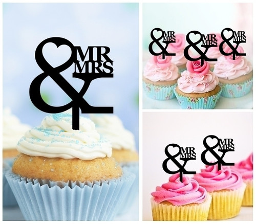 TA0948 MR and MRS Silhouette Party Wedding Birthday Acrylic Cupcake Toppers Decor 10 pcs