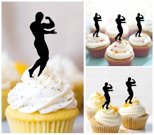 TA0956 Muscle Fitness Man Silhouette Party Wedding Birthday Acrylic Cupcake Toppers Decor 10 pcs