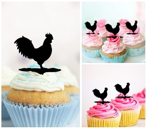 TA1034 Rooster Barn Yard Animal Farm Silhouette Party Wedding Birthday Acrylic Cupcake Toppers Decor 10 pcs