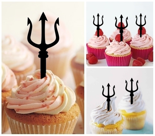 TA1050 Trident Pitchfork Weapon Silhouette Party Wedding Birthday Acrylic Cupcake Toppers Decor 10 pcs