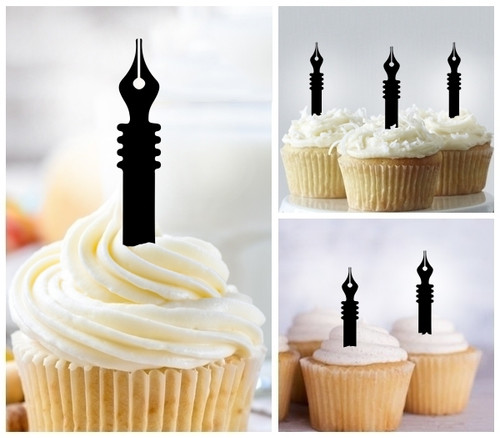 TA1125 Fountain Pen Silhouette Party Wedding Birthday Acrylic Cupcake Toppers Decor 10 pcs