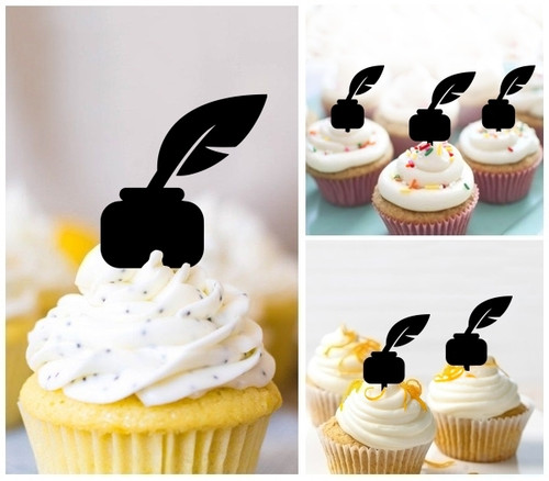 TA1126 Inkwell Feather Pen Silhouette Party Wedding Birthday Acrylic Cupcake Toppers Decor 10 pcs