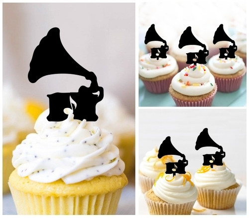 TA1156 Record Player Silhouette Party Wedding Birthday Acrylic Cupcake Toppers Decor 10 pcs