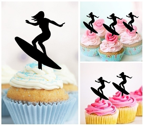 TA1201 Surfer Girl Silhouette Party Wedding Birthday Acrylic Cupcake Toppers Decor 10 pcs