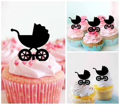 TA1213 Baby Carriage Silhouette Party Wedding Birthday Acrylic Cupcake Toppers Decor 10 pcs