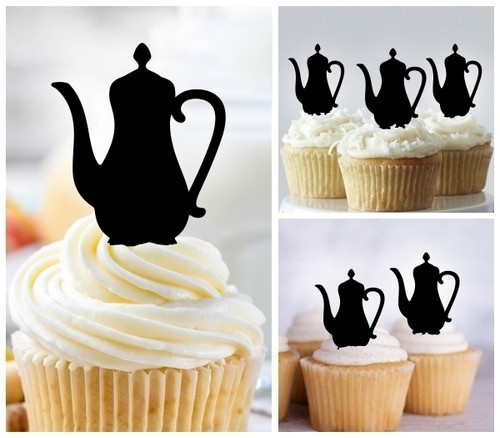 TA1235 Coffee Teapot Silhouette Party Wedding Birthday Acrylic Cupcake Toppers Decor 10 pcs