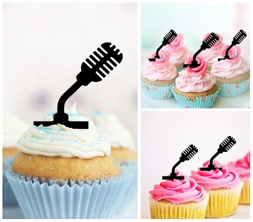 TA1244 Vintage Microphone Interview Silhouette Party Wedding Birthday Acrylic Cupcake Toppers Decor 10 pcs