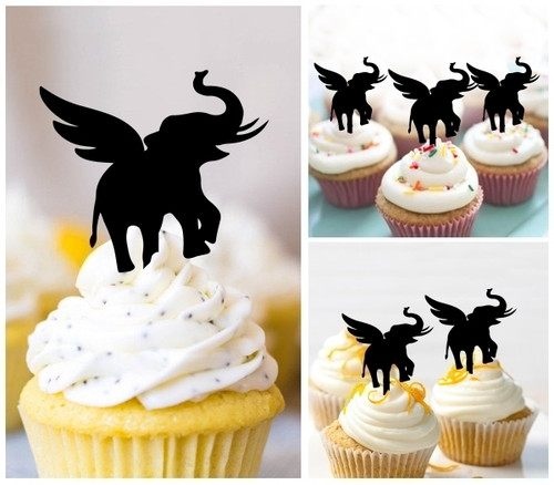 TA1256 Flying Elephant Silhouette Party Wedding Birthday Acrylic Cupcake Toppers Decor 10 pcs