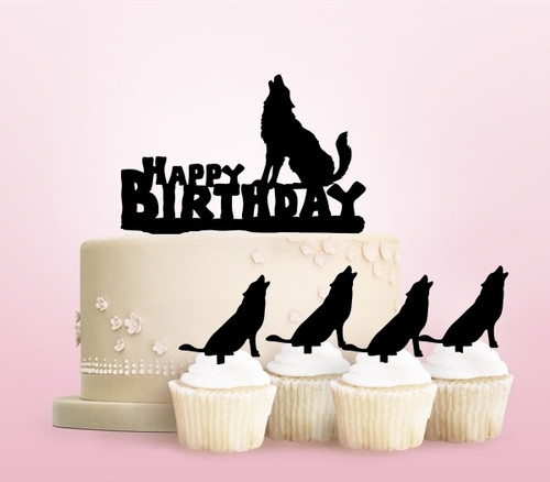 TC0240 Happy Birthday Wolf Howling Party Wedding Birthday Acrylic Cake Topper Cupcake Toppers Decor Set 11 pcs