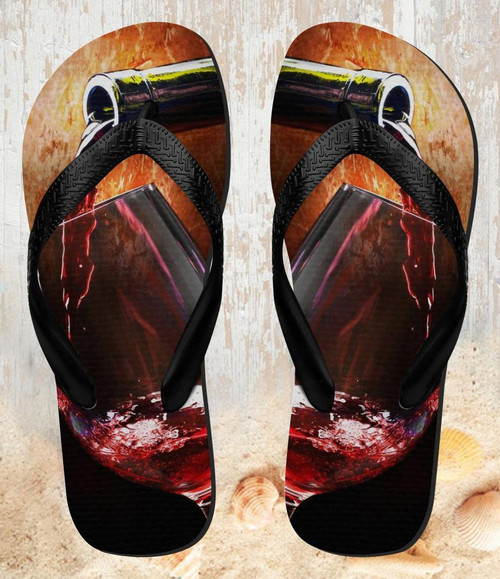 FA0246 Red Wine Bottle And Glass Beach Slippers Sandals Flip Flops Unisex