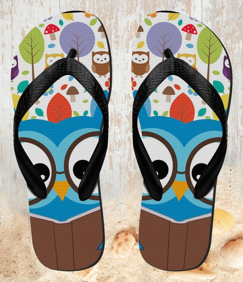 FA0278 Cute Nerd Owl Cartoon Beach Slippers Sandals Flip Flops Unisex