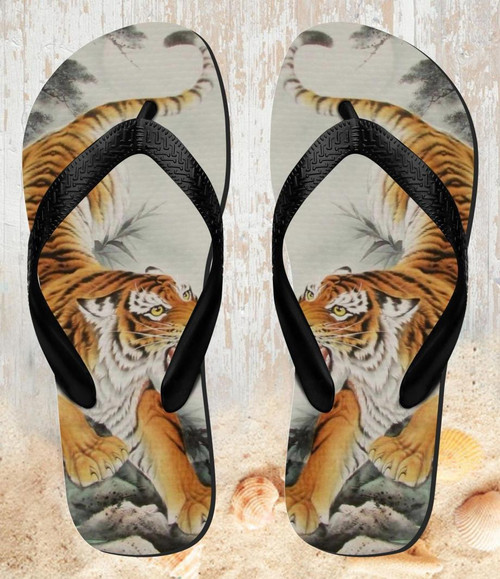 FA0336 Chinese Tiger Brush Painting Beach Slippers Sandals Flip Flops Unisex