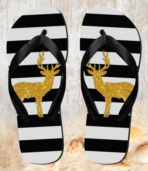 FA0350 Black and White Striped Deer Gold Sparkles Beach Slippers Sandals Flip Flops Unisex