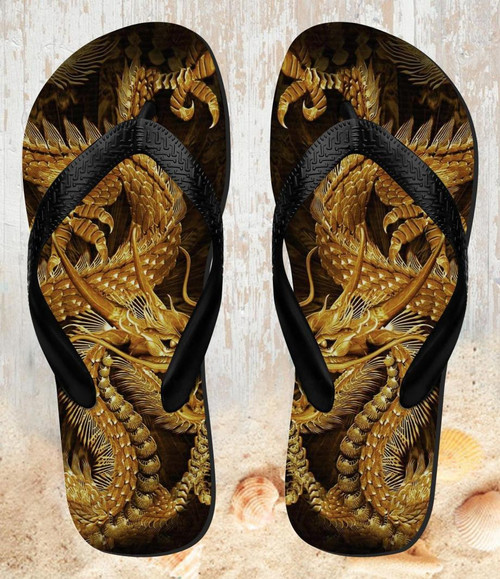 FA0354 Chinese Gold Dragon Printed Beach Slippers Sandals Flip Flops Unisex