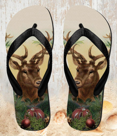 FA0362 Vintage Reindeer Christmas Beach Slippers Sandals Flip Flops Unisex