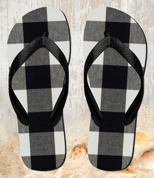 FA0363 Black and White Buffalo Check Pattern Beach Slippers Sandals Flip Flops Unisex