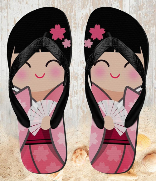 FA0436 Japan Girl Hina Doll Kimono Sakura Beach Slippers Sandals Flip Flops Unisex